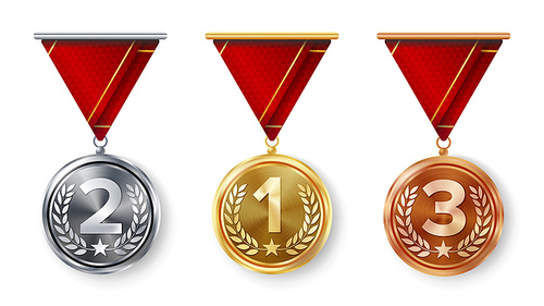 Champion Medals Set Vector. Metal Realistic First, Second Third Placement Achievement. Round Medals With Red Ribbon, Relief Detail Of Laurel Wreath, Star. Sport Game Golden, Silver, Bronze
