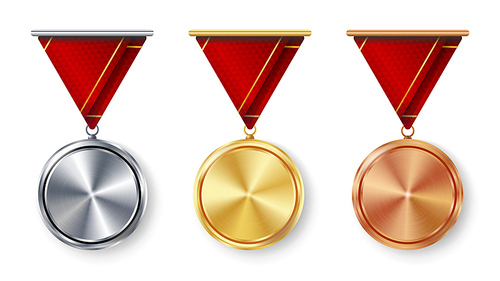 Champion Medals Blank Set Vector. Metal Realistic First, Second Third Placement Prize. Classic Empty Medals Concept. Red Ribbon. Sport Game Golden, Silver, Bronze Template