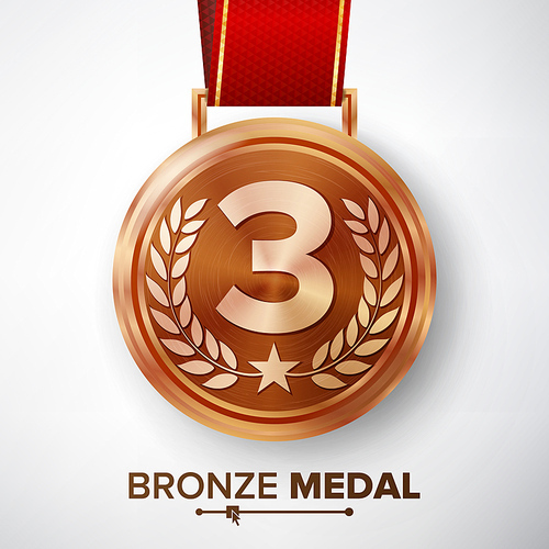 Bronze Medal Vector. Metal Realistic Third Placement Achievement. Round Medal With Red Ribbon, Relief Detail Of Laurel Wreath And Star. Competition Game Bronze Achievement