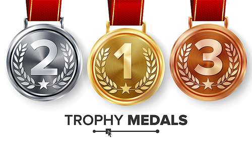 Champion Medals Set Vector. Metal Realistic First, Second Third Placement Achievement. Round Medals With Red Ribbon, Relief Detail Of Laurel Wreath, Star.