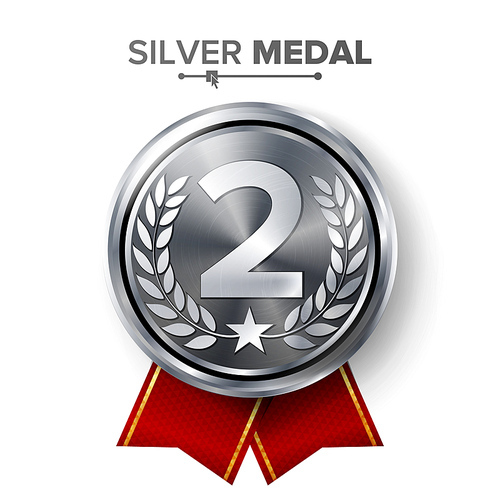 Silver 2st Place Medal Vector. Metal Realistic Badge With Second Placement Achievement. Round Label With Red Ribbon, Laurel Wreath. Winner Honor Prize.