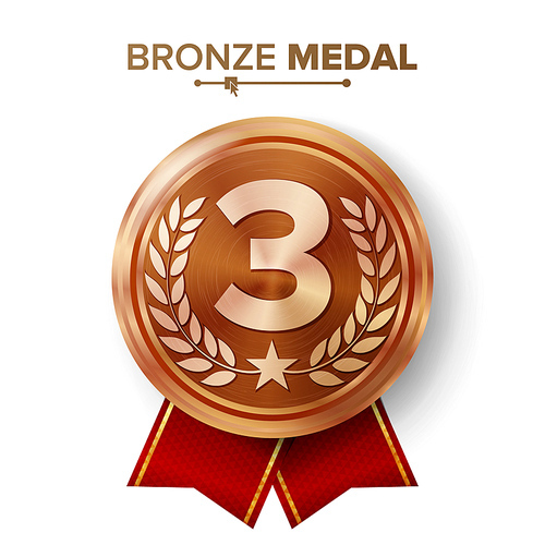 Bronze 3st Place Medal Vector. Metal Realistic Badge With Third Placement Achievement. Round Label With Red Ribbon, Laurel Wreath, Star. Winner Honor Prize.