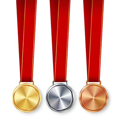 Champion Medals Blank Set Vector. Metal Realistic First, Second Third Placement Prize. Classic Empty Medals Concept. Red Ribbon, Laurel Wreath.