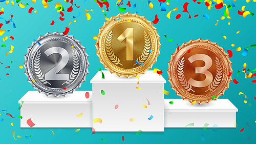 Winner Pedestal With Gold, Silver, Bronze Medals Vector. White Winners Podium. Number One. 1st, 2nd, 3rd Placement Achievement Concept. Isolated Illustration.
