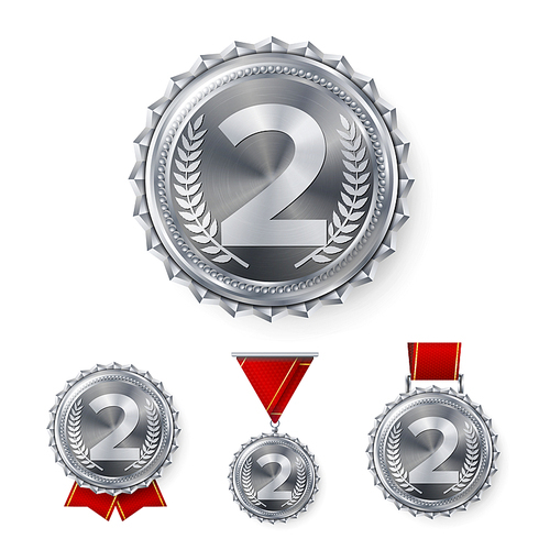Champion Silver Medals Set Vector. Metal Realistic 2nd Placement Winner Achievement. Number Two. Round Medal With Red Ribbon. Relief Detail. Best Challenge Award