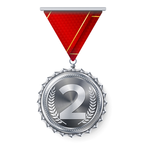 Silver Medal Vector. Best First Placement. Winner, Champion, Number One. 2nd Place Achievement. Metallic Winner Award. Red Ribbon. Isolated On White Background. Realistic Illustration.