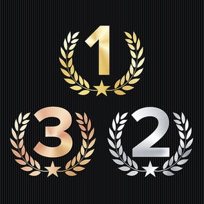 Trophy Award Set Vector. Figures 1, 2, 3 One, Two, Three In A Realistic Gold Silver Bronze Laurel Wreath And Red Ribbon. Competition Game Concept. Isolated On Black