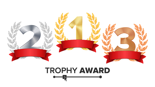 Trophy Award Set Vector. Figures 1, 2, 3 One, Two, Three In A Realistic Gold Silver Bronze Laurel Wreath And Red Ribbon. Winner Honor Prize. Isolated