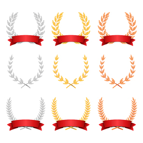 Laurel Wreath Trophy Set Vector. Award Placement Achievement. Realistic Gold Silver Bronze Laurel Wreath. Red Ribbon. Winner Honor Prize. Isolated