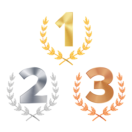 Trophy Award Set Vector. Award. Figures 1, 2, 3 One, Two, Three In A Realistic Gold Silver Bronze Laurel Wreath. Winner Trophy Award. Isolated