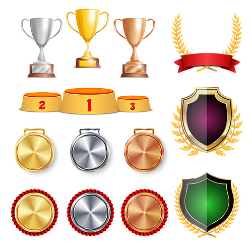 Ceremony Winner Honor Prize. Trophy Awards Cups, Golden Laurel Wreath With Red Ribbon And Gold Shield, Medals Template, Sports Placement Podium. 1st, 2nd, 3rd Place. Isolated. Vector