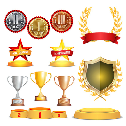 Trophy Awards Cups, Golden Laurel Wreath With Red Ribbon And Gold Shield. Realistic Golden, Silver, Bronze Achievement Medals. Sports Placement Podium. Isolated Vector