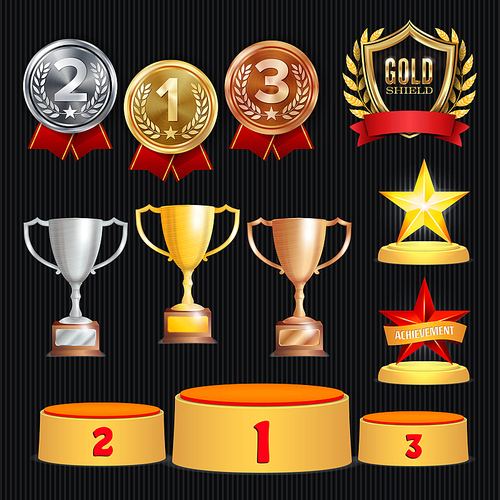 Award Trophies Vector Set. Achievement For 1st, 2nd, 3rd Place Ranks. Ceremony Placement Podium. Golden, Silver, Bronze Achievement. Championship Stars. Laurel Wreath
