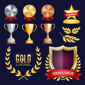 Vector Awards And Trophies Collection. Golden Badges And Labels. Championship Design. 1st, 2nd, 3rd Place. Golden, Silver, Bronze Achievement. Empty Badge