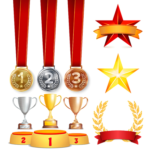 Trophy Awards Cups, Golden Laurel Wreath With Red Ribbon And Gold Shield. Realistic Golden, Silver, Bronze Achievement Medals. Sports Placement Podium. Isolated