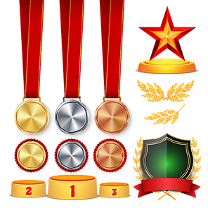 Ceremony Winner Honor Prize. Trophy Awards Cups, Golden Laurel Wreath With Red Ribbon And Gold Shield, Medals Template, Sports Placement Podium. 1st, 2nd, 3rd Place. Vector Illustration