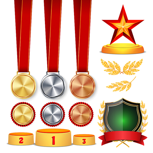 Ceremony Winner Honor Prize. Trophy Awards Cups, Golden Laurel Wreath With Red Ribbon And Gold Shield, Medals Template, Sports Placement Podium. 1st, 2nd, 3rd Place. Vector Illustration