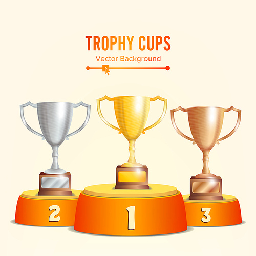 Trophy Cups On Podium. Golden, Bronze, Silver. Winners Pedestal Concept With First, Second And Third Place. Award Ceremony. Winner Concept. Vector Illustration