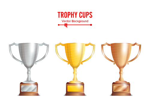 Trophy Cups Set. Golden, Bronze Silver Colours