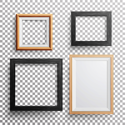 Realistic Photo Frame Vector. 3d Set Square, A3, A4 Sizes Light Wood Blank Picture Frame, Hanging On Transparent Background With Soft Transparent Shadow.