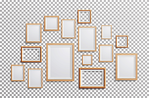 Realistic Photo Frame Vector. Set Square, A3, A4 Sizes Light Wood Blank Picture Frame, Hanging On Transparent Background From The Front. Template For Mock Up.