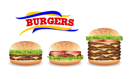 Fast Food Realistic Burger Vector. Set Beautiful Realistic Icons Of Fast Food
