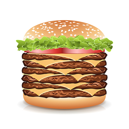 Fast Food Realistic Burger Vector. Realistic vector illustration of burger. Hamburger with Meat, Cucumbers, Cheese And Tomato. Vector Classic Burger Isolated.