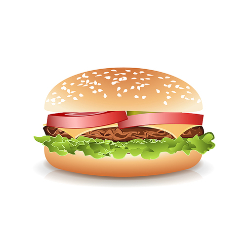 Fast Food Realistic Burger Vector. Set Hamburger Fast Food Sandwich Emblem Realistic Isolated On White Background Illustration