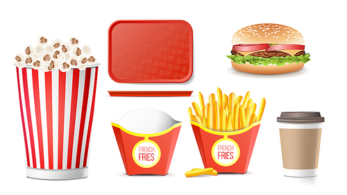 3D Fast Food Vector. Tasty Burger, Hamburger, Fries, Soda, Coffee, Paper Cup, Tray Salver Popcorn Isolated Illustration