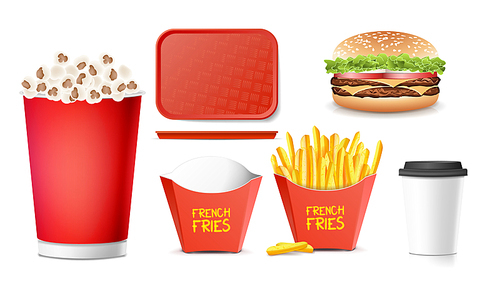 Realistic Fast Food Icons Set Vector. French Fries, Coffee, Hamburger, Cola, Tray Salver, Popcorn Isolated Illustration