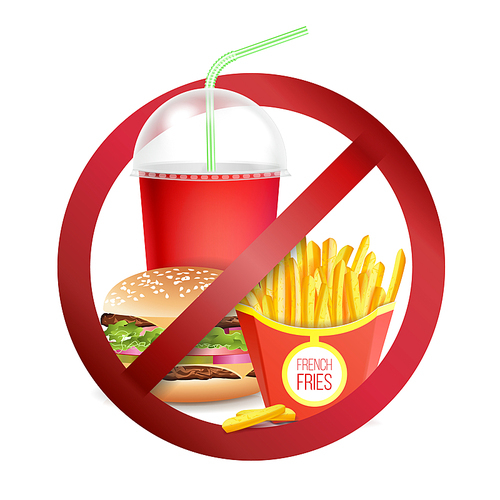 Stop Fast Food Vector. No Food Or Drinks Allowed Icon. Isolated Realistic illustration.