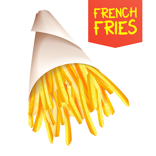 French Fries Potatoes Vector. Paper Bag Container. Tasty Fast Food Potato. Isolated Realistic Illustration