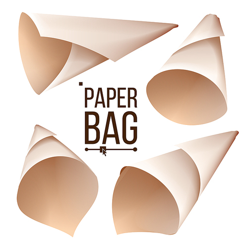 Paper Cone Bag Set Vector. Package, Container Sign, Icon. Different Views. Realistic Illustration
