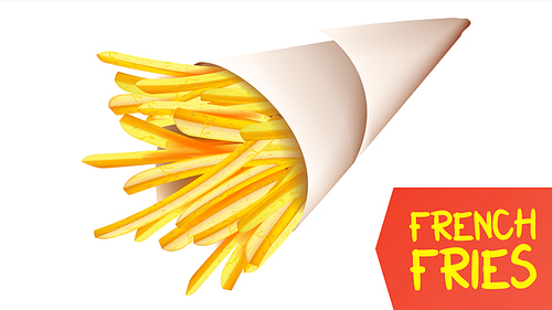 French Fries Potatoes Vector. Paper Cone. Classic American Stick Breakfast. Isolated Realistic Illustration