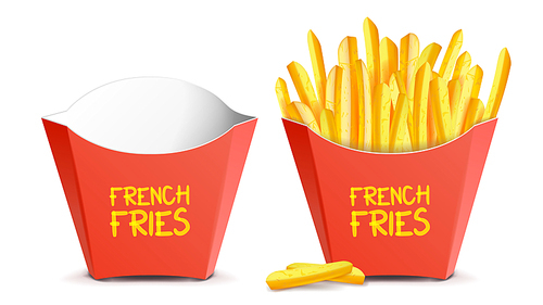 Realistic French Fries Potatoes Vector. Tasty Fast Food Potato. Empty And Full. Isolated On White Background Illustration