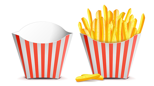 French Fries Potatoes Vector. Classic Striped Red White Paper Box. Empty And Full. Isolated On White