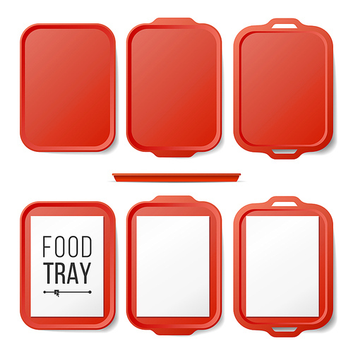 Empty Plastic Tray Salver Set Vector. Rectangular Red Plastic Tray Salver With Handles. Top View. Tray Isolated