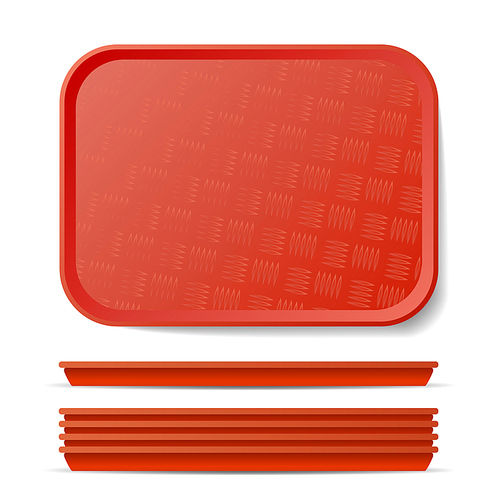 Red Plastic Tray Salver Vector. Classic Rectangular Red Plastic Tray, Plate With Handles. Top View. Restaurant, Fast Food, Kitchen Close Up Tray Isolated