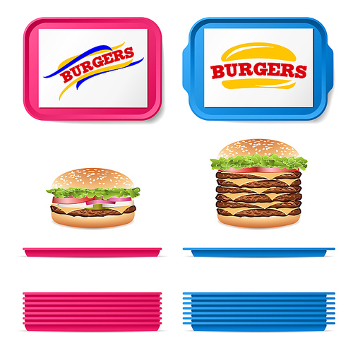 Tray Salver Set Vector. Empty Plastic Rectangular Tray Salvers With Fast Food Realistic Burger. Top View. Advertising, Branding Concept. Tray Isolated