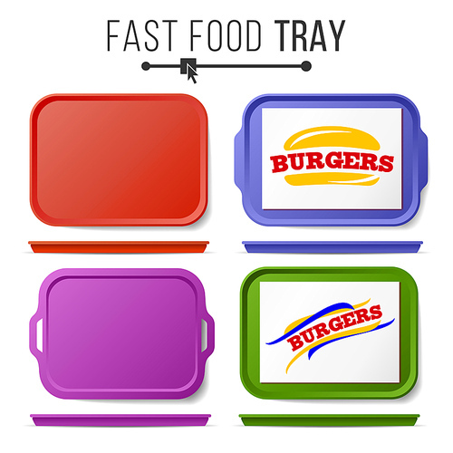 Tray Salver Set Vector. Empty Plastic Rectangular Tray Salvers. Top View. Advertising, Branding Concept. Tray Isolated