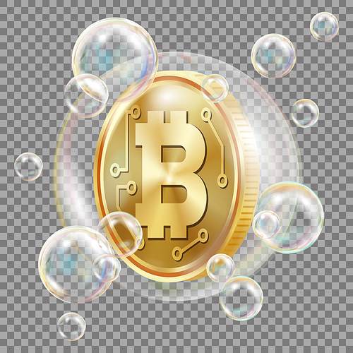 Bitcoin In Soap Bubble Vector. Investment Risk. Price Market Value Going Down. Negative Growth Exchange Trading. Digital Money. Realistic Isolated Illustration