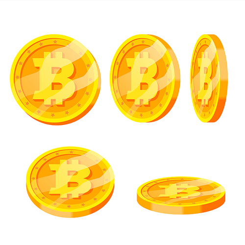 Bitcoin Gold Coins Vector Set. Flip Different Angles. Modern Virtual Money. Digital Currency. Isolated illustration