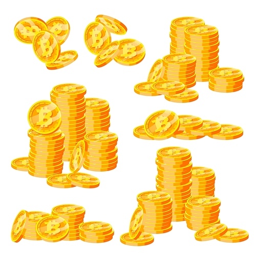 Bitcoin Stacks Set Vector. Crypto Currency. Virtual Money. Isolated Flat Cartoon Illustration