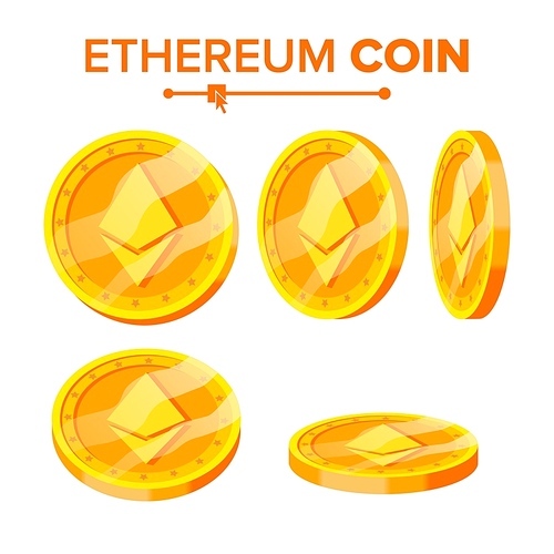 Ethereum Gold Coins Vector Set. Flip Different Angles. Ethereum Virtual Money. Digital Currency. Isolated illustration