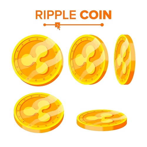 Ripple Gold Coins Vector Set. Flip Different Angles. Ripple Virtual Money. Digital Currency. Isolated illustration