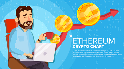 Ethereum Up Trend, Growth Concept Vector. Trade Chart. Virtual Money Happy Man Investor. Crypto Currency Market Concept. Cartoon Illustration