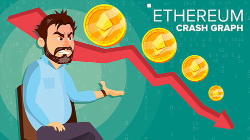 Ethereum Crash Graph Vector. Surprised Investor. Negative Growth Exchange Trading. Collapse Of Crypto Currency. EthereumCrypto Currency Market Concept. Annoyance, Panic. Cartoon Illustration