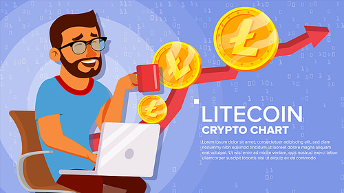 Litecoin Up Trend, Growth Concept Vector. Trade Chart. Virtual Money Happy Man Investor. Crypto Currency Market Concept. Cartoon Illustration