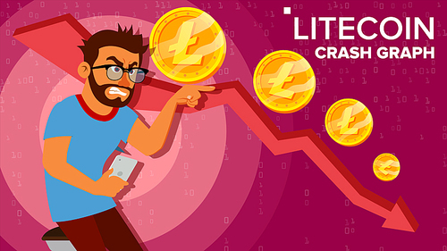 Litecoin Crash Graph Vector. Surprised Investor. Negative Growth Exchange Trading. Collapse Of Crypto Currency. Litecoin Crypto Currency Market Concept. Annoyance, Panic. Cartoon Illustration