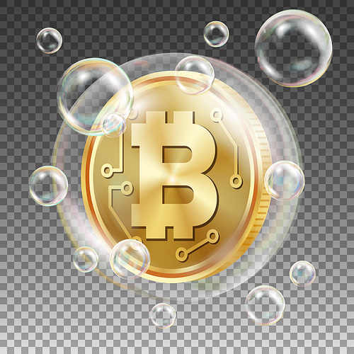 Bitcoin In Soap Bubble Vector. Investment Risk. Collapse Of Crypto Currency. Bitcoin Price Drops. Digital Money. Realistic Isolated Illustration